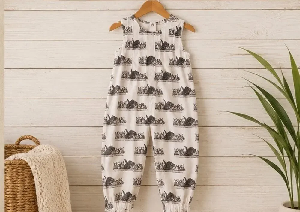Kate Quinn Sleeveless Romper Organic Cotton Toile Brown Ivory Print 3T